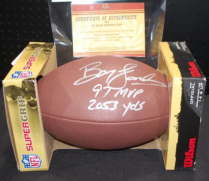 BARRY SANDERS AUTOGRAPHED FOOTBALL: WITH COA FROM NASCAR AUTOGRAPH DEPOT, AND HALL OF FAME MEMORABILIA CARD