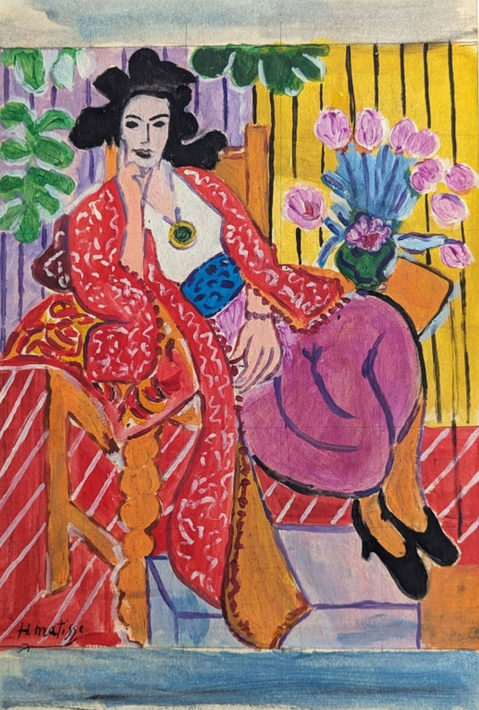 Original in the Manner of Henri Matisse: Colorful original painting in the manner of Henri Matisse! We base this attribution on the same medium, style, subject, complexity, and signature as used by Matisse. Medium: Oil on board. Condition: G