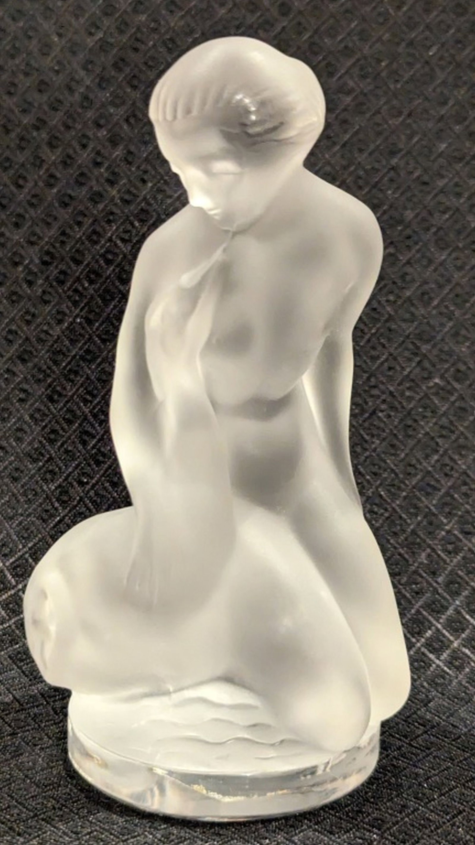 Lalique Crystal Nude "Leda and the Swan": Absolutely gorgeous nude Leda and the Swan by Lalique Crystal, France. Signed on the bottom. Very good condition, no issues. 4H x 2W x 2D in. These are $300 and up online right now.