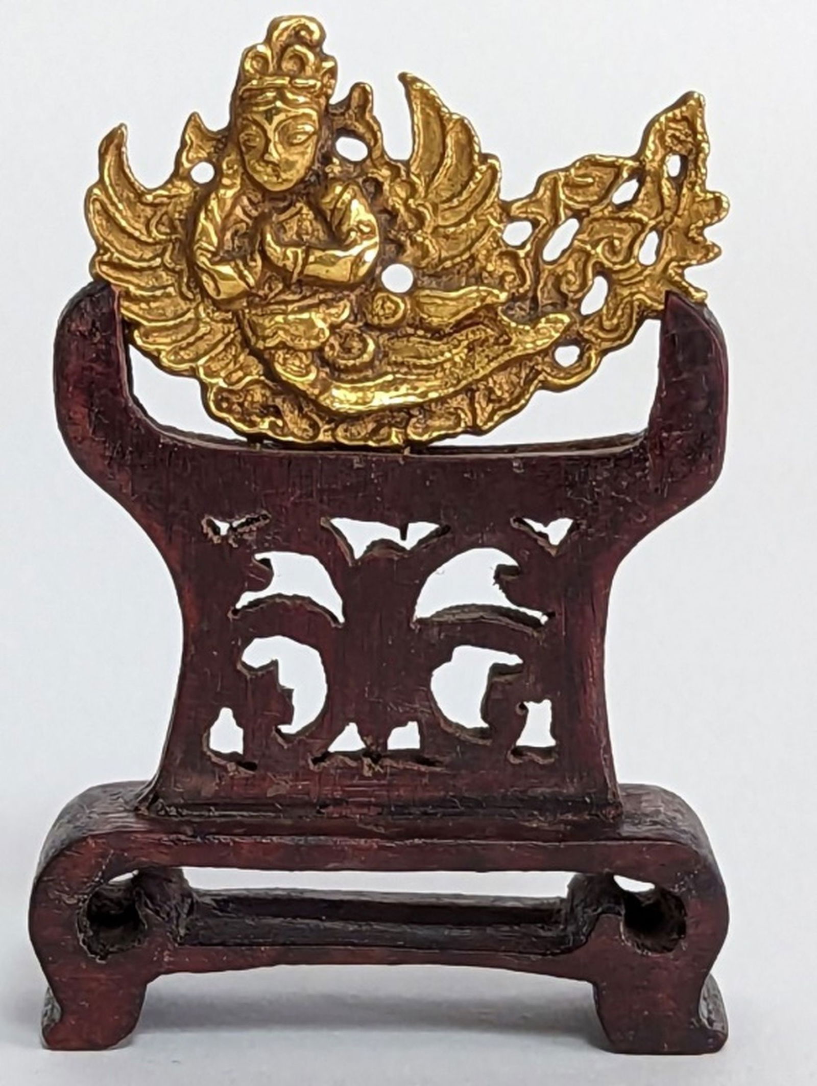 18thc Chinese Gilt Bronze Buddha, Wood Stand 3"H (1 of 9)