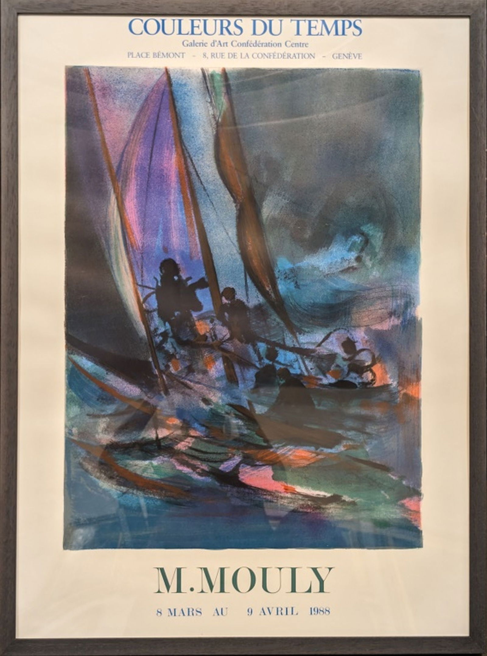 Marcel Mouly Lithograph “Navy Blue": Fabulous Navy Blue by French artist Marcel Mouly! 1988 Lithograph on arches paper. Art: 29 x 21 in. Frame: 31 x 23 in. Excellent condition. Marcel Mouly was a French artist who painted in an abstract