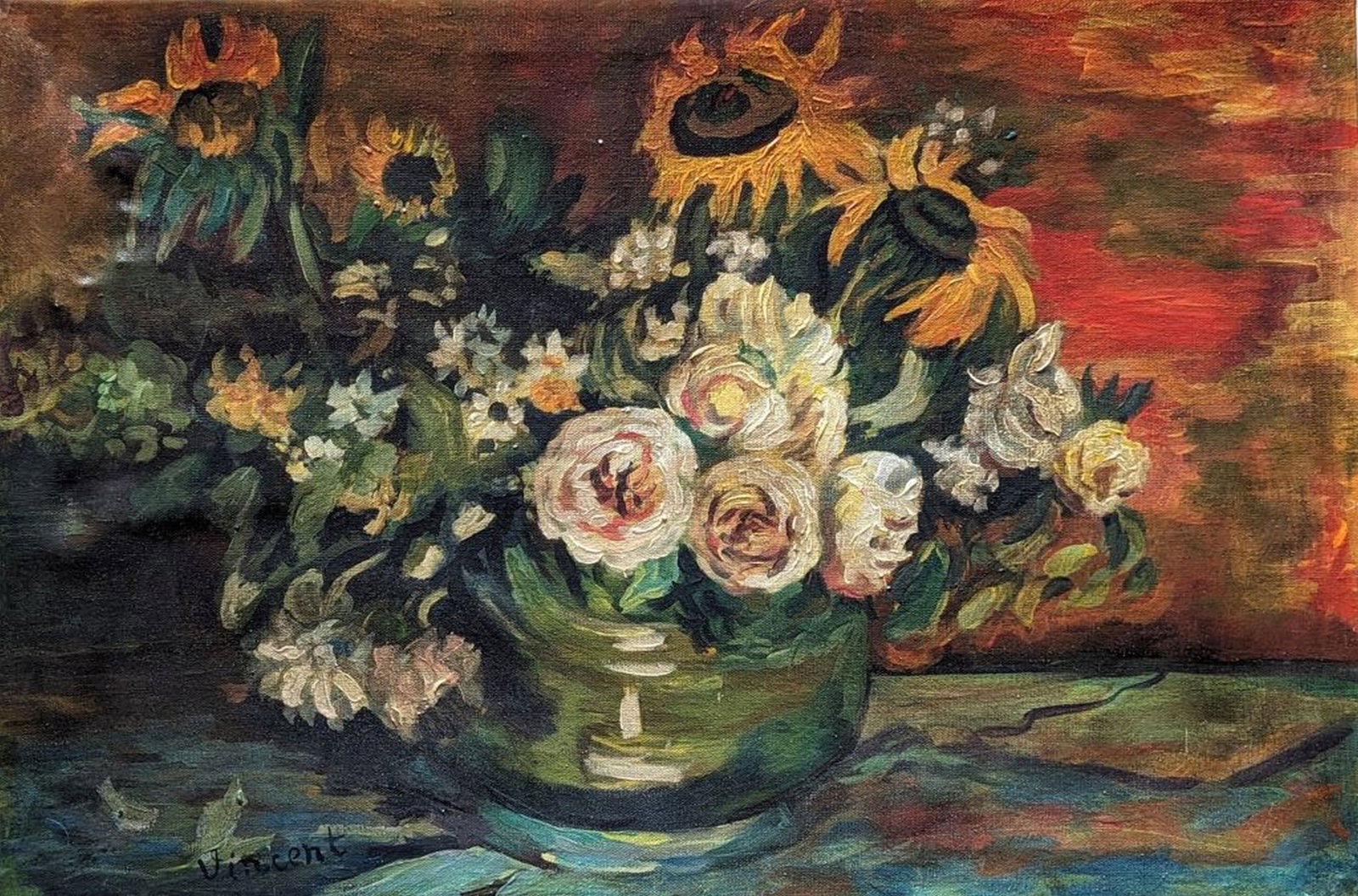 Original in the Manner of Van Gogh, Canvas: This is an original painting of a lively still life of a flower arrangement including sunflowers in the manner of perhaps the world's best known artist Vincent Van Gogh! We base this attribution on th