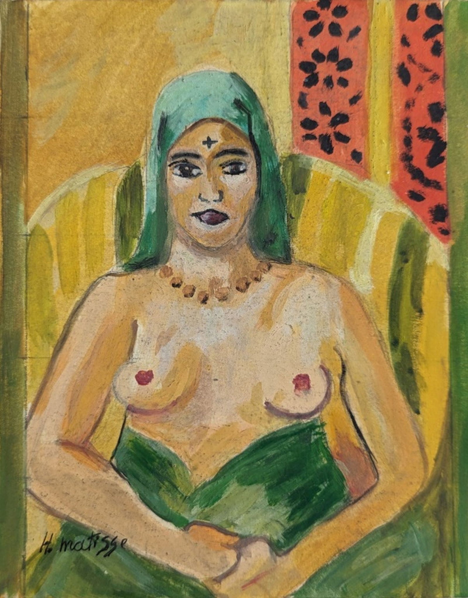 Original Nude in the Manner of Henri Matisse: Colorful nude, original painting in the manner of Henri Matisse! We base this attribution on the same medium, style, subject, complexity, and signature as used by Matisse. Medium: Oil on board. Condit