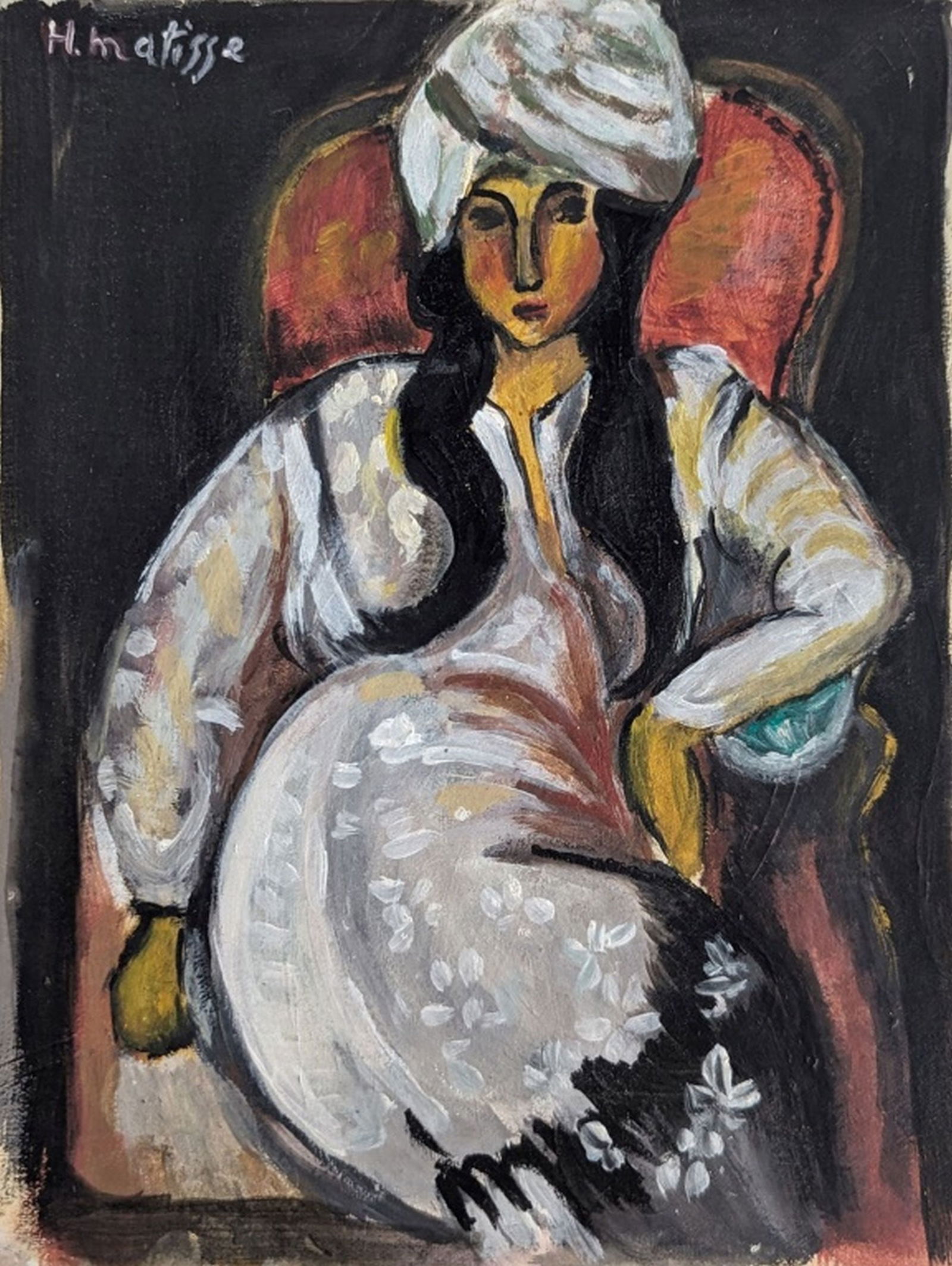 Original in the Manner of Henri Matisse: Intriguing original painting in the manner of Henri Matisse! We base this attribution on the same medium, style, subject, complexity, and signature as used by Matisse. Medium: Oil on paper. Condition: