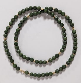 Vintage Chinese Jade 14K Gold Bead Necklace 28"L