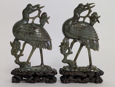 Pair of 18thc Chinese Jadeite Cranes 7.5"H
