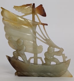 Antique Chinese Jade Boat with Figures 5"H