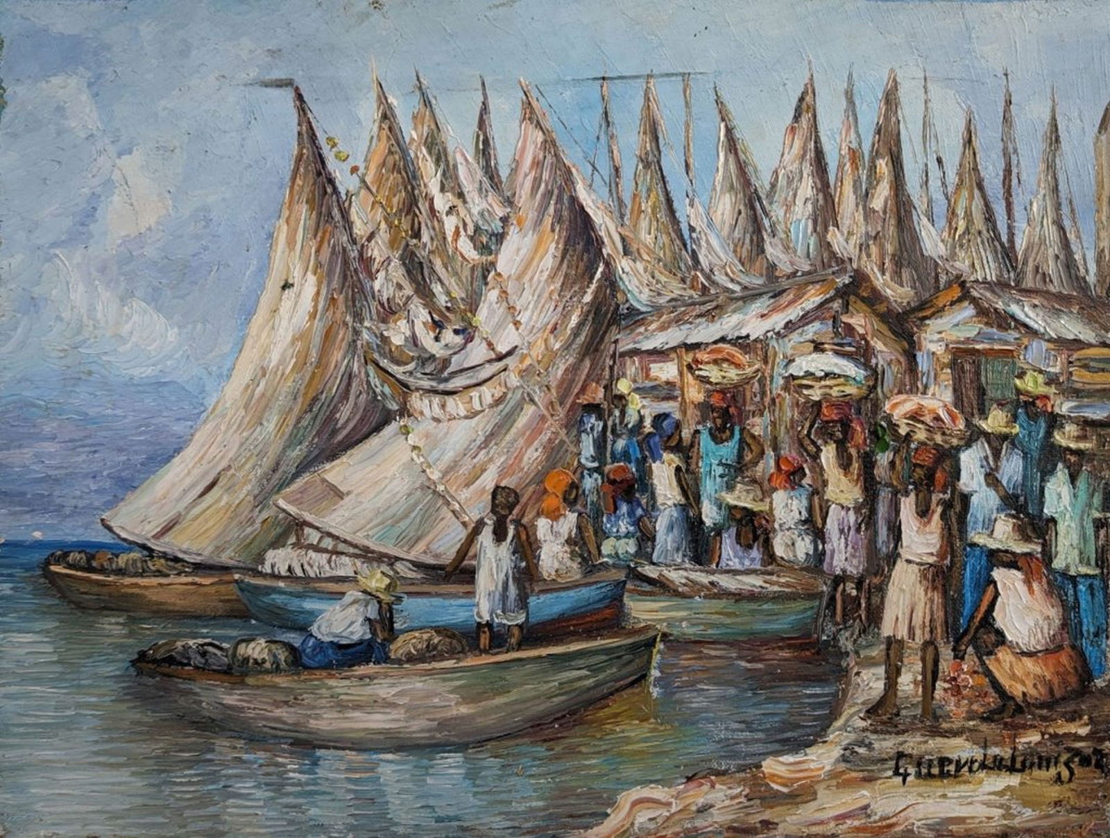 Guerda Louizor Original: Guerda Louizor (Born 1940) original. Haitian waterscape with boats and figures. Size: 12 x 16 in. Medium: Oil on canvas(Heavy imposto). Condition: Very good with minor aging in the paint and light abr