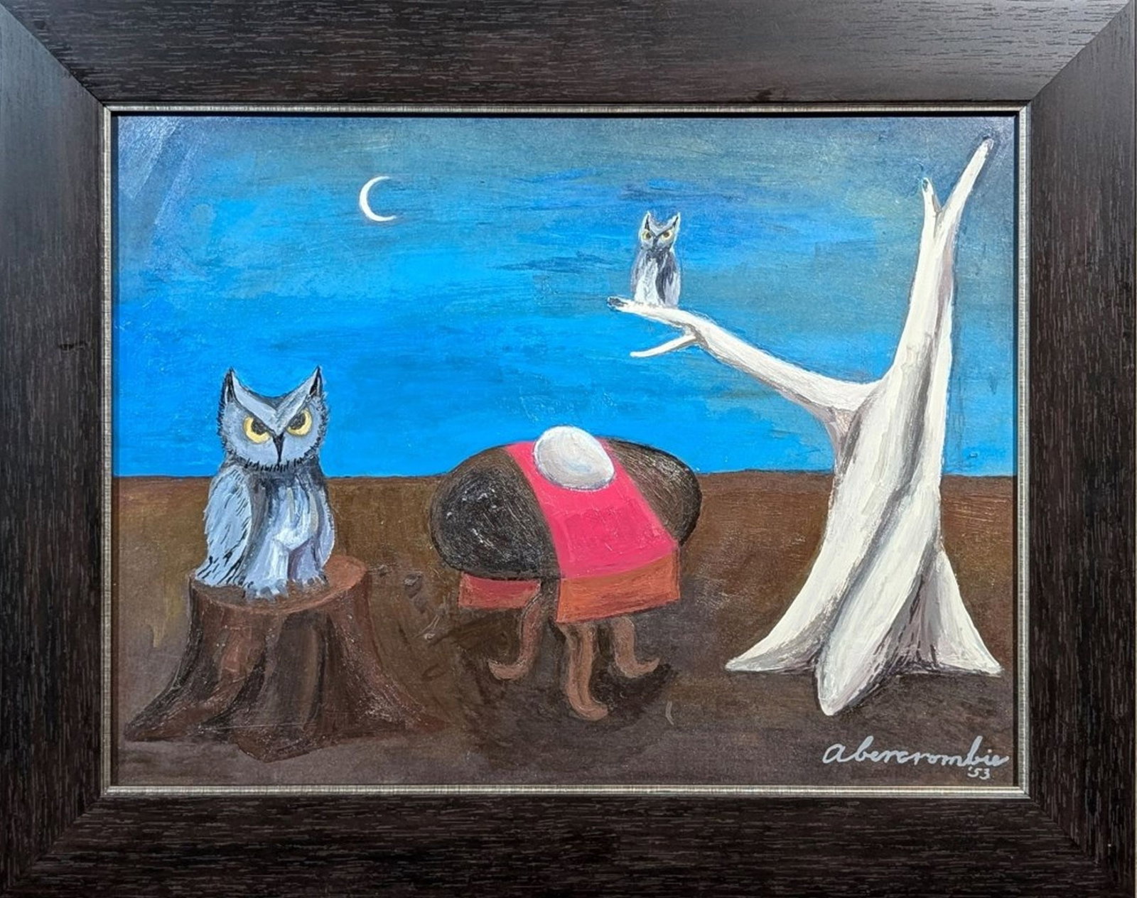Original in Manner of Gertrude Abercrombie: Fun and surrealistic original painting in the manner of Gertrude Abercrombie! We base this attribution on the same medium, style, complexity, and signature as used by Abercrombie. Medium: Oil on mason