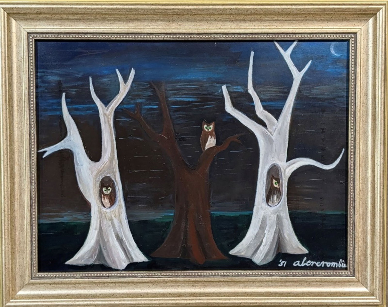 Original in Manner of Gertrude Abercrombie: Fun and surrealistic original painting in the manner of Gertrude Abercrombie! We base this attribution on the same medium, style, complexity, and signature as used by Abercrombie. Medium: Oil on canva