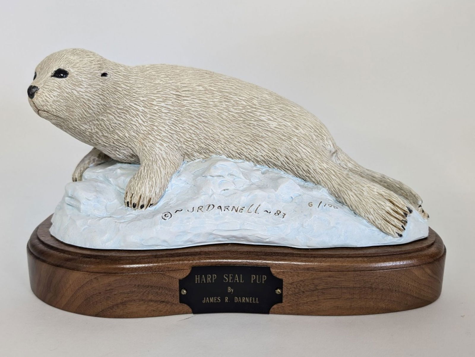 James Darnell "Harp Seal" Sculpture 11"W: James Richard Darnell, famous American wildlife sculptor and painter. October 12, 1938 - March 16, 2011. Darnell's sculptures are almost impossible to find. Title: Harp Seal. Date: 1983: Medium: Ceram