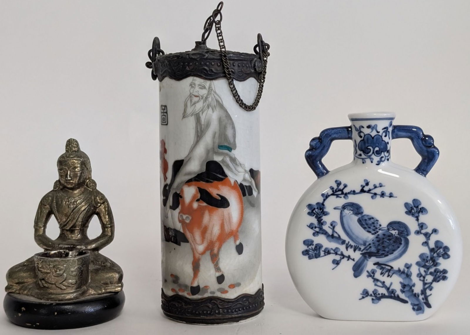 Antique Chinese Brush Pot, Buddha, & Vase: Super opportunity to own 3 Chinese antique pieces for one money! 19thc Brush Pot 5.5H inches. Brass Buddha 3.5H inches, and Vase with Handles 4H inches. Very good antique condition with minor wear. Pl