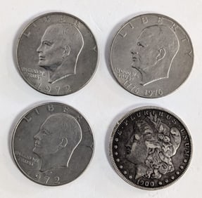 1900 Morgan Silver Doller, 3 Eisenhower Dollars