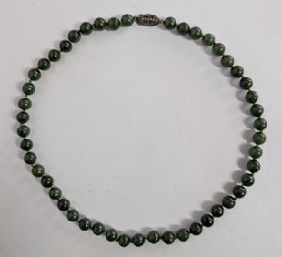 19thc Chinese Green Jade Necklace 17"L