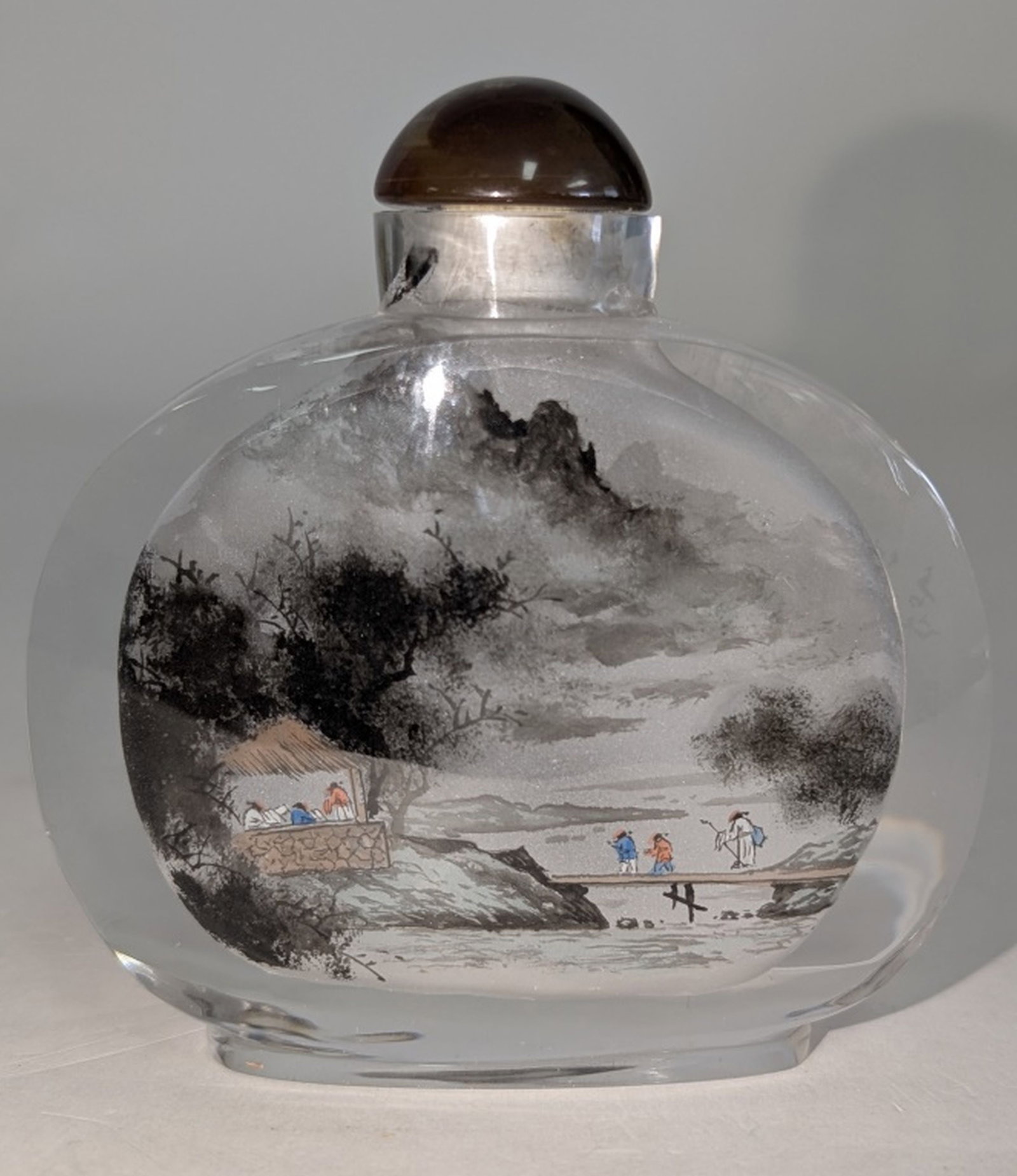 Antique Chinese Glass Snuff Bottle 3.5H": Beautiful Chinese landscape scenes on both sides of the glass snuff bottle from the late 19th early 20th century. Very good antique condition with almost no visible wear. We consider the photos to be 