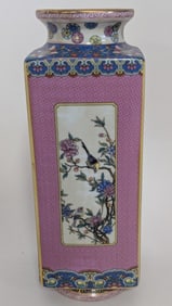 Antique Chinese Square Porcelain Floral Vase 9"H