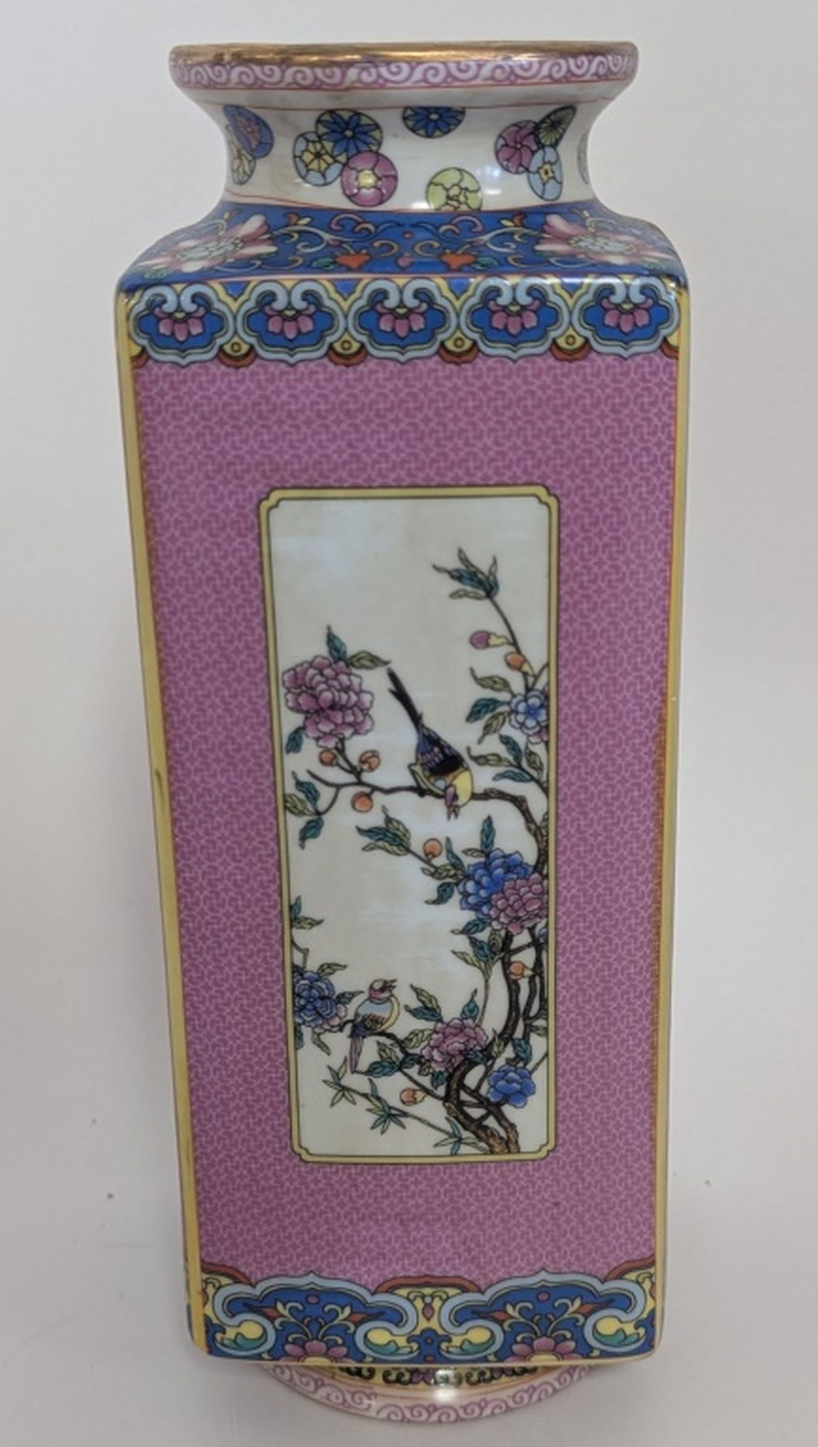 Antique Chinese Square Porcelain Floral Vase 9"H: Absolutely beautiful enamel porcelain square pattern vase. Enjoy the different floral and foliage still life on each side. Yongzheng mark on bottom. 9H x 3.5W x 3.5D in. Very good condition with no vi
