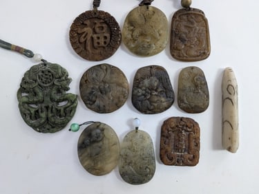 11 Antique Chinese Carved Stone Pendants