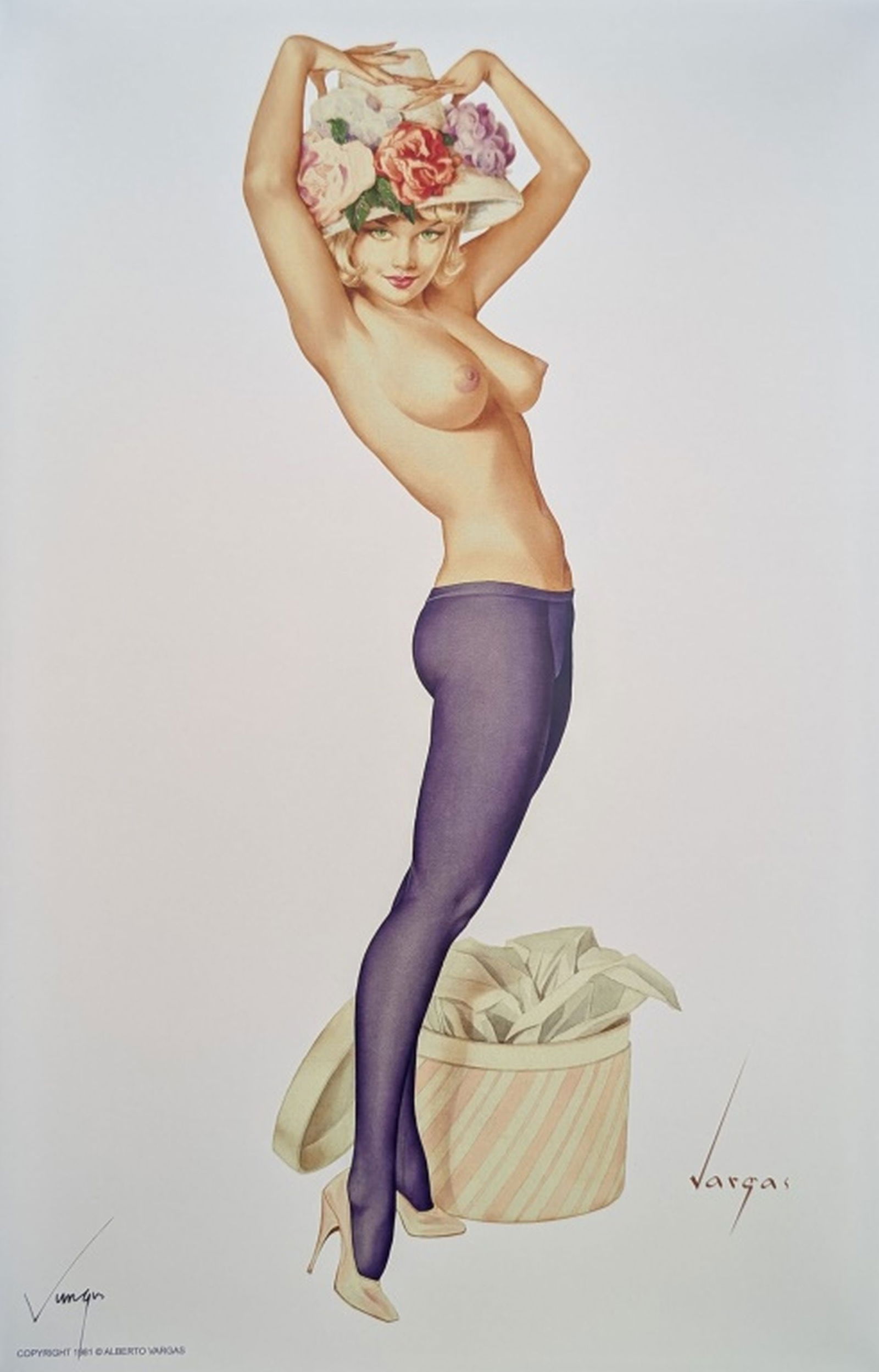 Alberto Vargas Hand Signed Pin-Up Girl Print: Artist: Alberto Vargas.Title: Title unknown. Pin-up illustration from 1981.Description: Young partly nude woman with hat standing.Hand Signed by Artist: Yes, lower right hand corner.Medium: Lithograph