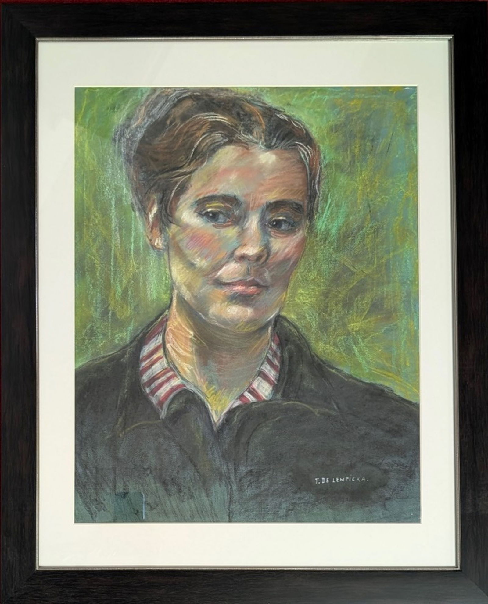 Original in the Manner of Tamara de Lempicka: Beautiful original pastel of a young woman in the manner of the famous Polish artist Tamara de Lempicka.We base this attribution on the same medium, style, subject, complexity, and signature as used b