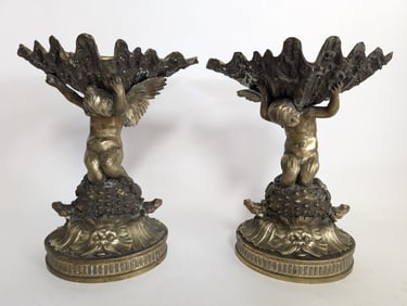 Pair of 19thc French Bronze Cherub Tazzas