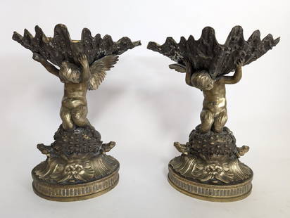 Pair of 19thc French Bronze Cherub Tazzas: Excellent pair of French 19th century Louis XVI st. ormolu and patinated bronze tazzas with cherubs holding shells. Just beautiful! 11H x 9.5W x 6D in. Identical pairs of these list online right now