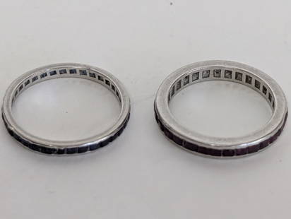 Pair of 18K White Gold Sapphire Ruby Rings: Fine 18k White Gold Rings. 1 ring has inset sapphires(Size 5) and the other ring has inset rubies (Size 4.5). Both are beautiful and in very good condition. Total weight of both rings is .145 oz.