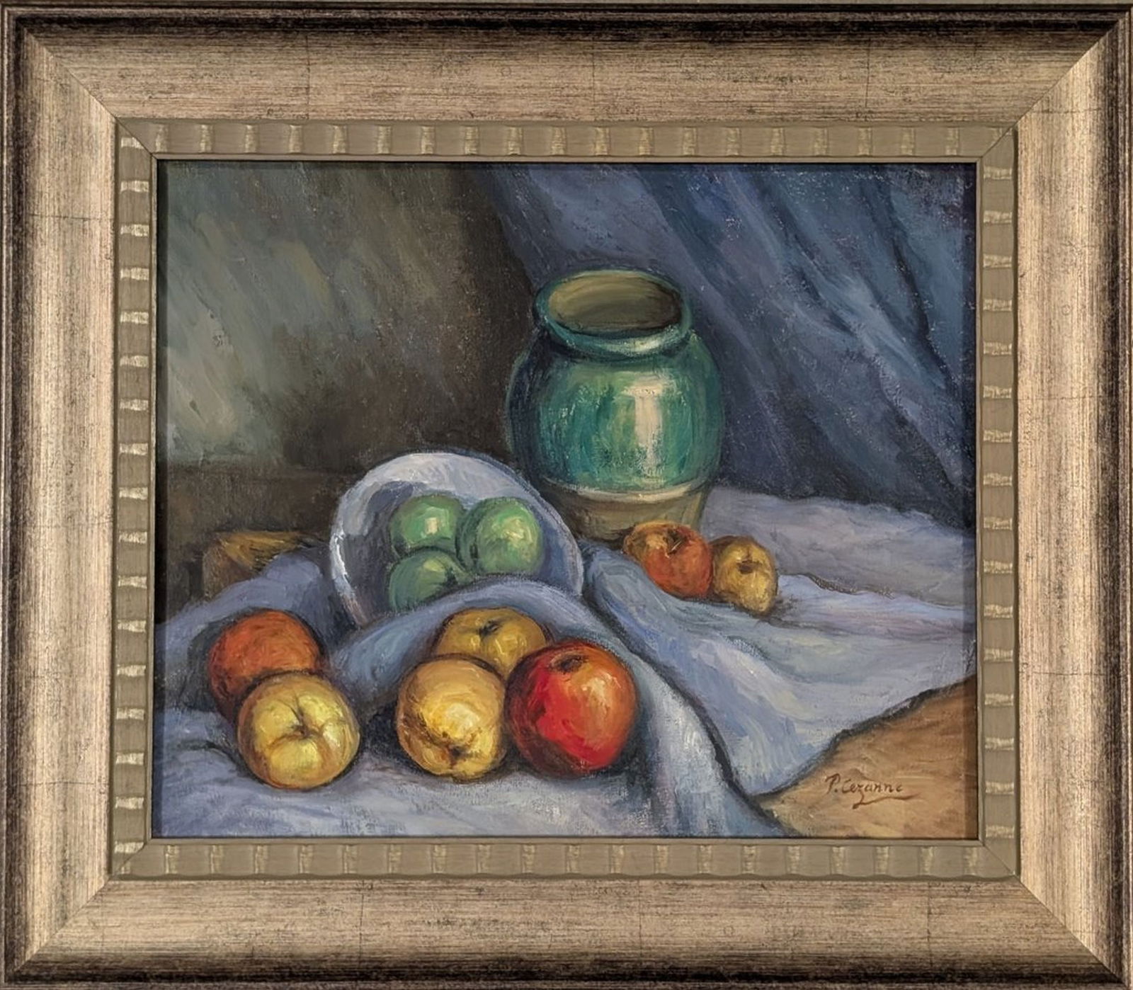 Original in Manner of Paul Cezanne 12.5 x 15.5": Warm and welcoming still life original painting in the manner of French artist Paul Cezanne! We base this attribution on the same medium, style, complexity, and signature as used by Cezanne. This is a