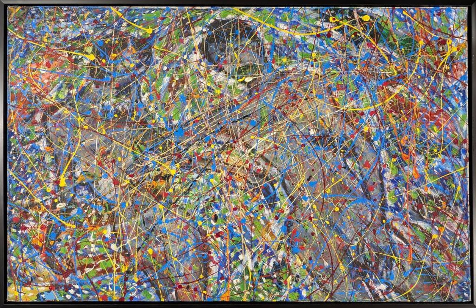 Original in Manner of Jackson Pollock 28 x 44: Large, Striking, and spectacular original painting in the manner of Jackson Pollock! We base this attribution on the same medium, style, complexity, and signature as used by Pollock. Medium: Oil on ca