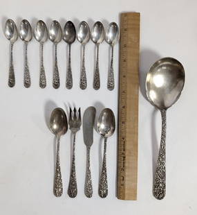 13 Steiff Repousse Sterling Flatware Pieces: 13 Superb Steiff Repousse Pattern Sterling Flatware pieces. All for one money! 6- Demitasse Spoons. 2- Teaspoons. 1- Pickle fork. 1- Butter Spreader. 1- Large Serving Spoon. Total weight 11.31oz. Plea