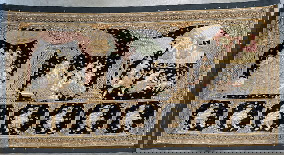 Vintage Kalaga Figural Tapestry w Pillows & Book: Fabulous large Kalaga Burmese bead embroidered adorned with sequins and beads tapestry wall hanging . Hand Embroidered sewn tapestry with figures and scenes from the mid 1900's. Tapestry: 34 x 64 in.