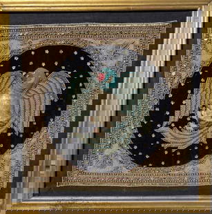 Embroidered Asian Burmese Kalaga Figural Tapestry: Fabulous Kalaga Burmese bead embroidered adorned with sequins and beads tapestry wall hanging . This vintage handcrafted needlework wall hanging tapestry shows ten different scenes from the ancient Bu