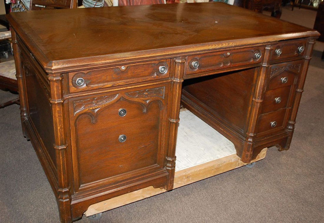 RARE GOTHIC STYLE EXECUTIVE DESK: CARVED PANELS, PARQUET OAK TOP FROM HISTORIC POTTER HOUSE