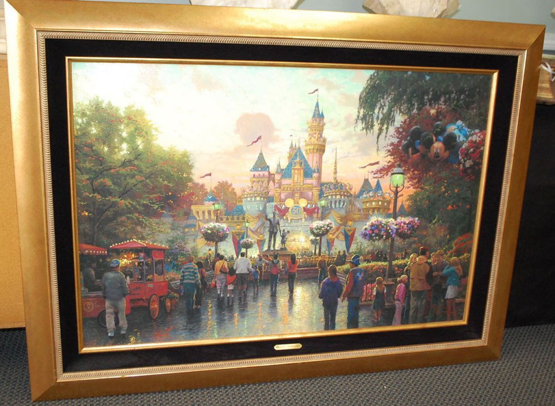 THOMAS KINKADE DISNEYLAND 50TH ANNIVERSARY: CUSTOM FRAMED ON CANVAS, PERSONALY SIGNED ON REVERSE,#118/G80 G/P WITH KINKADE COA