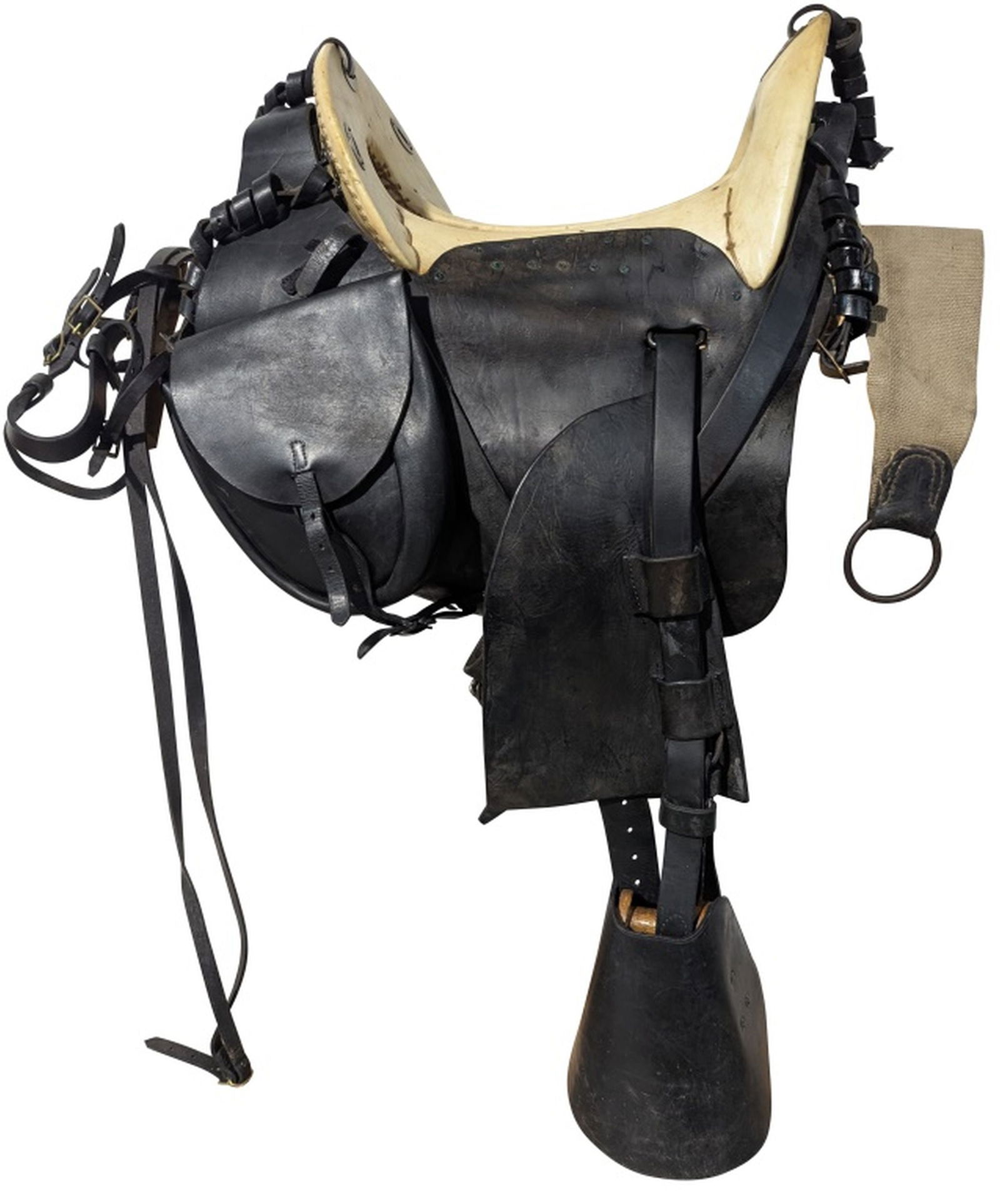 McClellan Civil War Reenactors Saddle & Stand: Fine leather McClellan Civil War reenactors saddle with saddle bags & bridle. Stirrup to horn: 36". Seat: 11.5". Very good condition with minor wear. Comes with solid wood stand: 37H x 27W x 19D". Ple