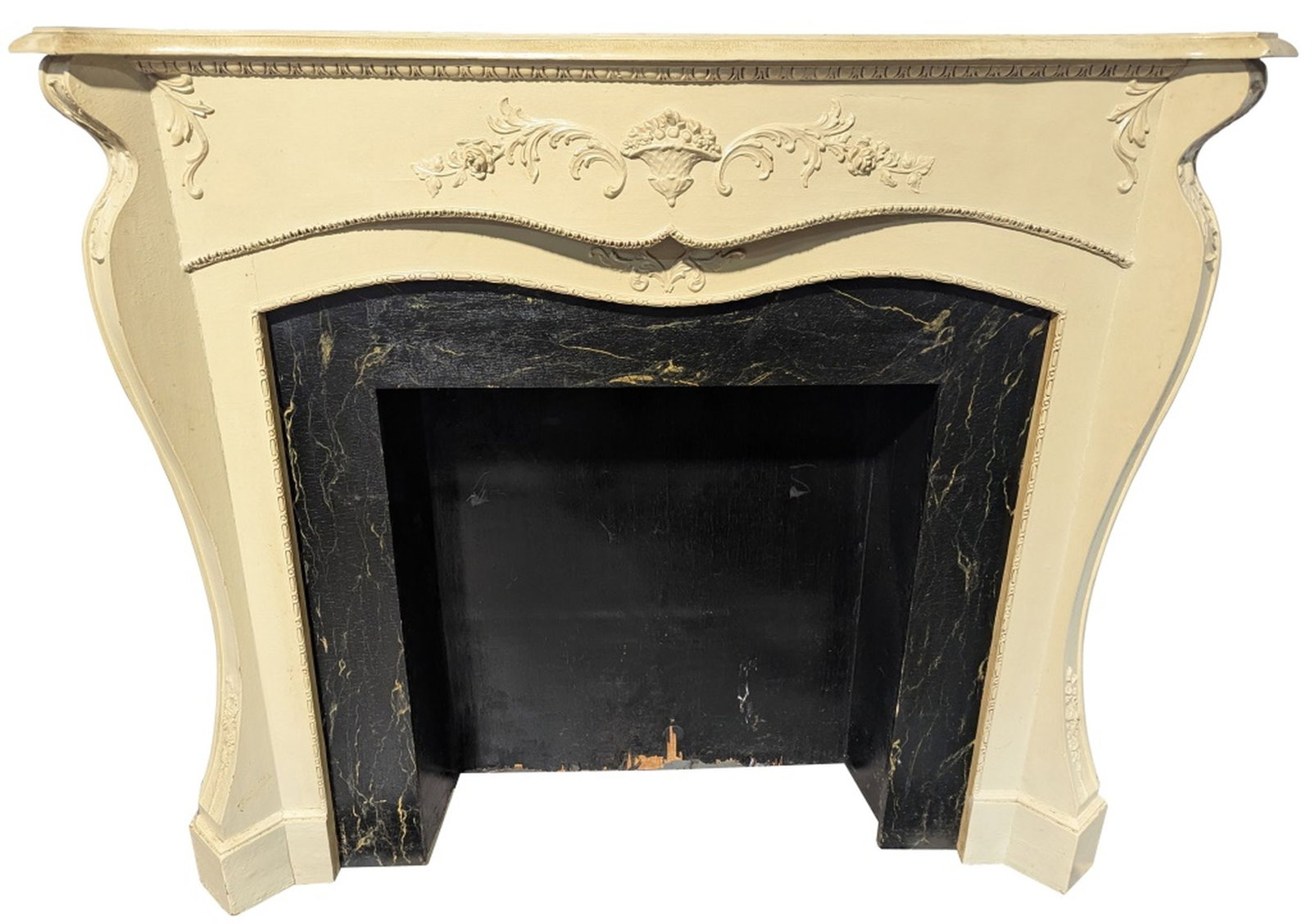 19thc Fireplace Mantel w Hidden Cabinets: Lovely antique fireplace from late 1800's. This beauty has hidden cabinets on either side. 48H x 57W x 14D in. Very good solid condition with normal wear and some small paint scratches. Please be sure