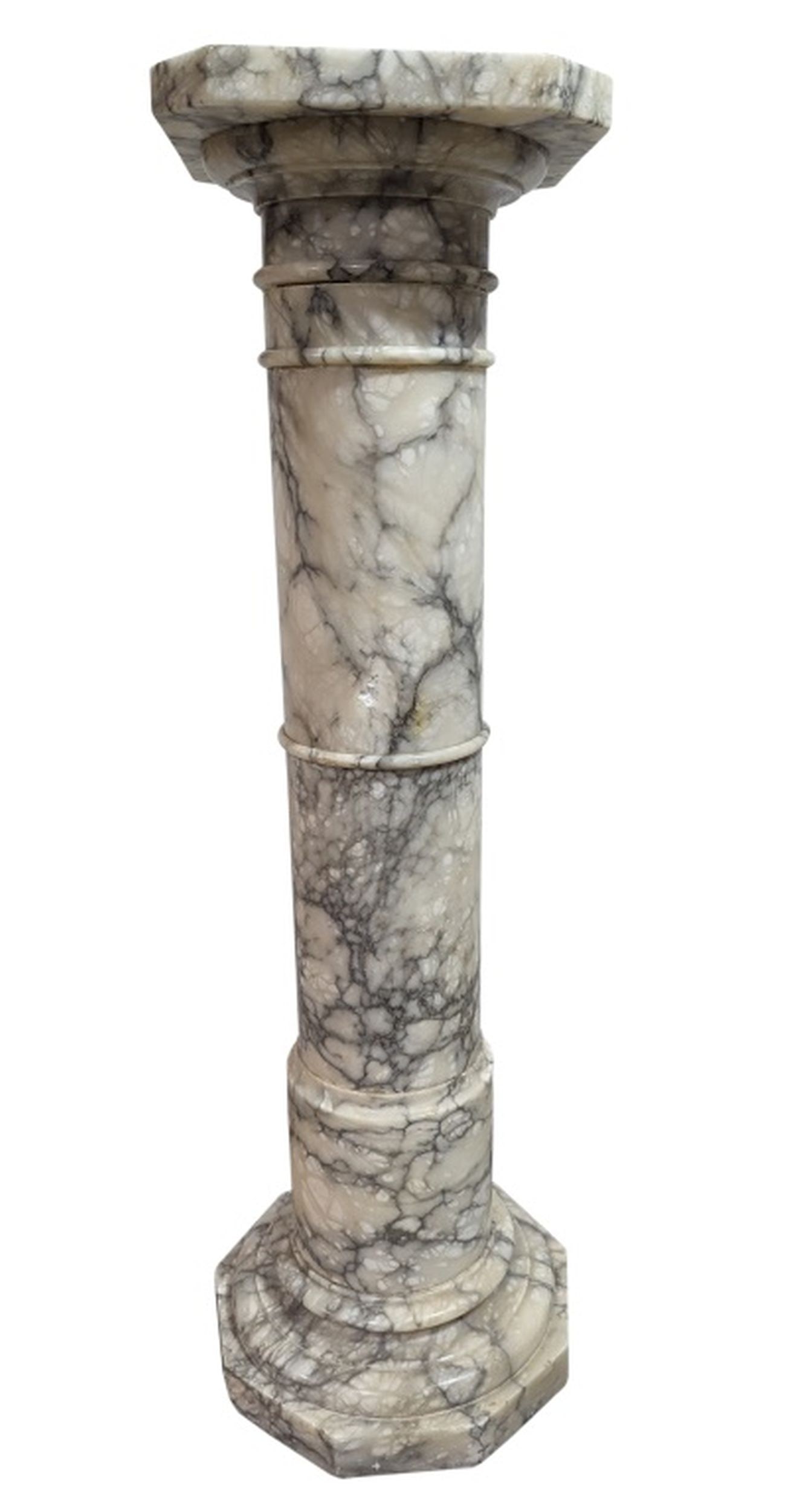 Fine Antique Italian Marble Pedestal 45"H: Superb quality marble and design in this Early 20th century, marble pedestal from Italy. 45H x 13W x 13D in. Cut corner square top and octagonal base. Very good condition with 1 chip on the column. Pl
