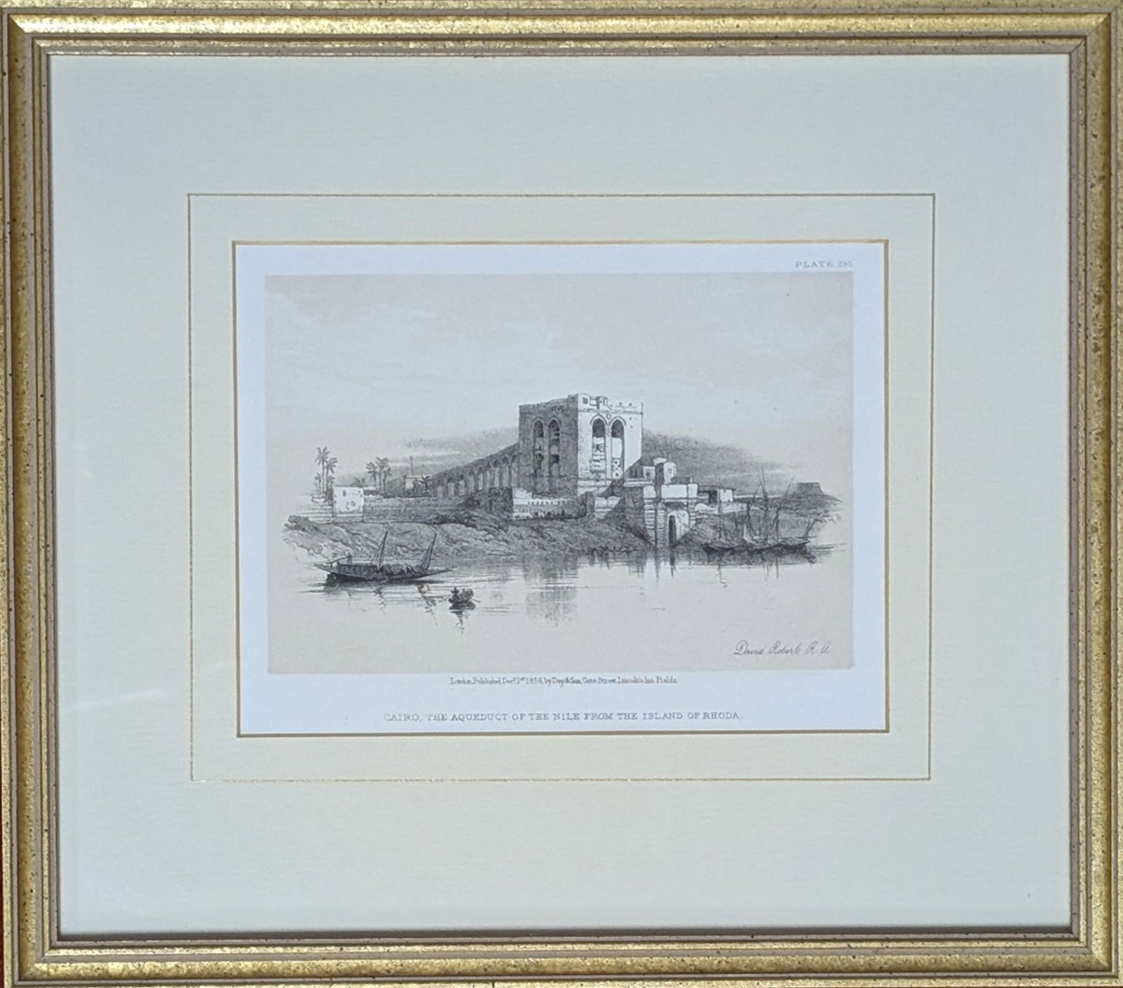 RARE David Roberts "Cairo, Aqueduct of the Nile": RARE David Roberts lithograph on paper. Title: Cairo, Aqueduct of the Nile from the Island of Rhoda. Art: 5 x 7.5 in. Frame: 11/5 x 13 in. Condition: Very good. Signature: Signed in the plate. This is