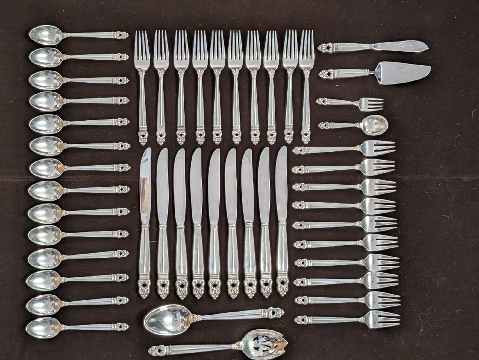49 Pc. Intl. Royal Danish Sterling Flatware Set: 49 Pc. Set Royal Danish Sterling by International Silver Company. This is a rare and highly desirable pattern. This gorgeous set has been very gently used. Be sure and view all photos for condition. T