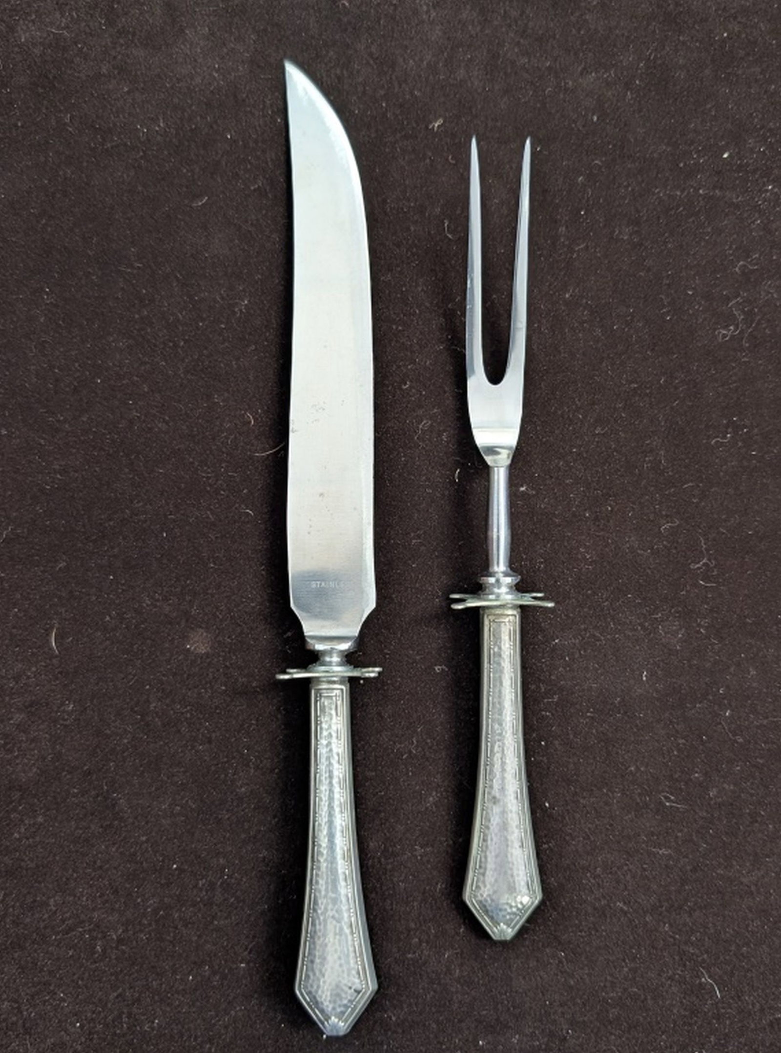 2 Pc Webster Sterling Carving Knife & Fork: 2 Pc. Steak Carving Set Webster Company Sterling WSC9 pattern Knife with Stainless Blade - 10.75in & Fork - 8.5 in - 126.7 grams total weight. Condition: Minor scratches due to age and use. Knife has 