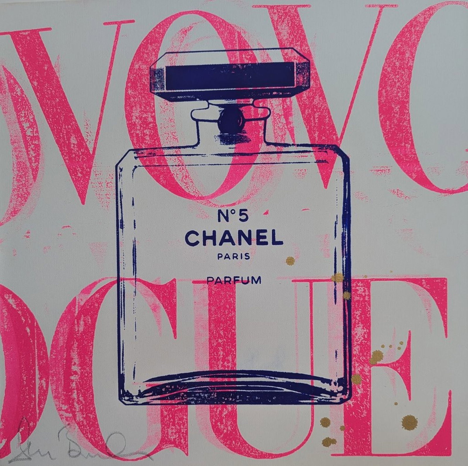 Shane Bowden Original, Chanel No 5, Canvas: Hot selling artist Shane Bowden, original acrylic on canvas. Mixed media on canvas of the iconic Chanel No 5 perfume bottle with the famous Vogue background. Too cool! Image: 20 x 20 inches. Edition: