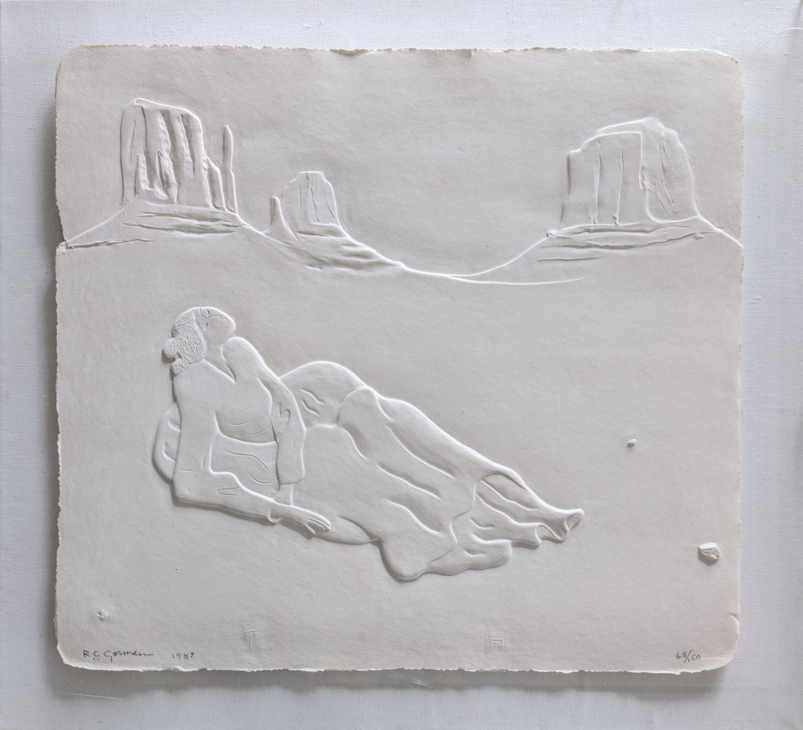 R. C. Gorham "Chaco Canyon", 30.5 x 32.5": Amazing paper press of Chaco Canyon. Truly a rare find by the hot selling native American artist R. C. Gorman. Hand signed and numbered by Gorman. Condition: The art is is in very good condition. Ther