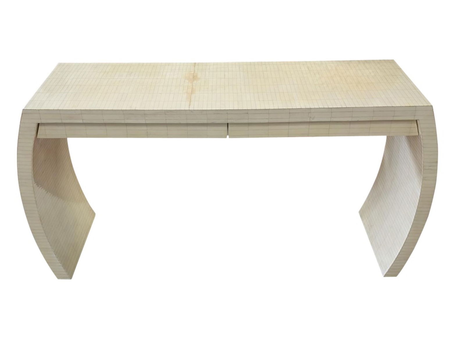Enrique Garcel Tessellated Bone Console Table: Circa 1980’s, From Enrique Garcel of Jimeco LTDA, Made in Columbia, Covered in tessellated bone, Curved on each end, 2 easy glide drawers for storage, Lovely off white color, Nice modern/contemp