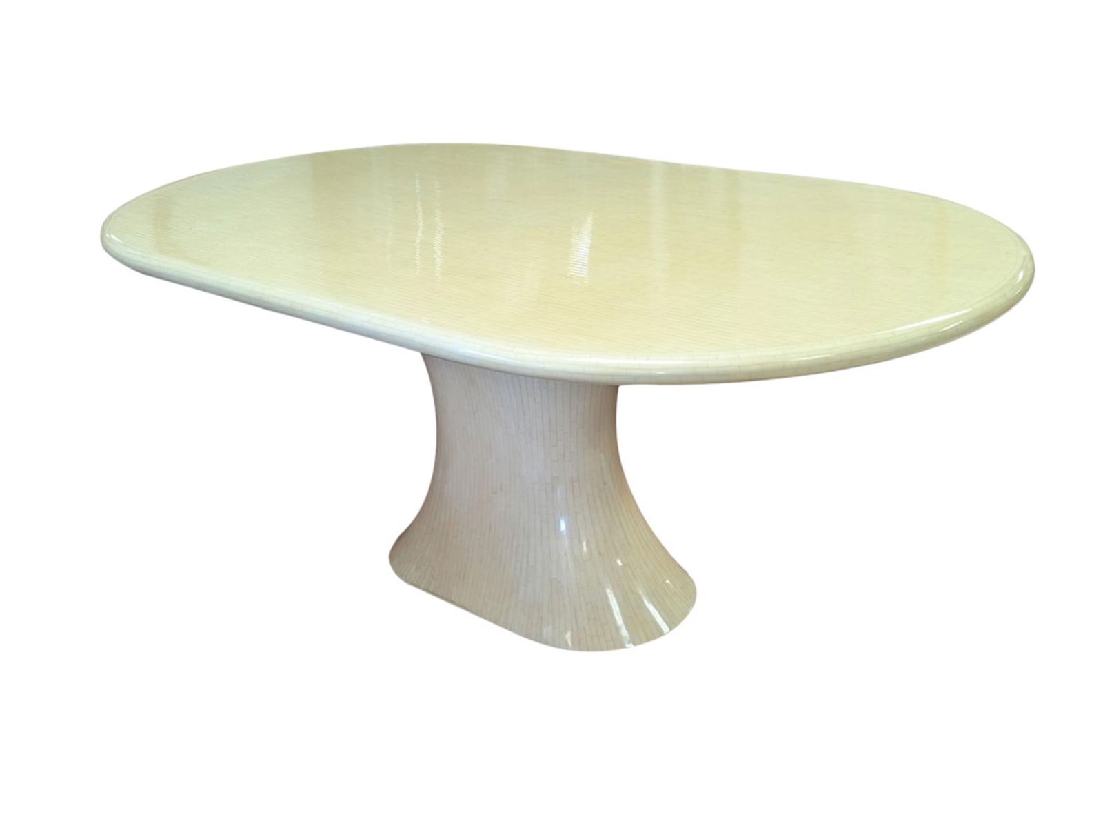 Enrique Garcel Tessellated Bone Oval Dining Table: Circa 1980’s, From Enrique Garcel of Jimeco LTDA, Made in Columbia, Oval Top, Large Pedestal Base, Top and base are covered in tessellated bone, Lovely off white color, Nice modern/contemporary