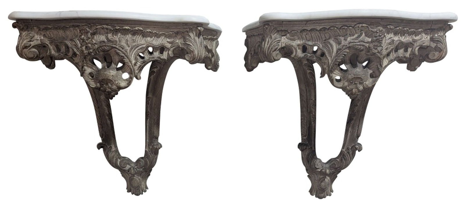 Pair Antique French Wall Sconces 23H": Fine hand carved French, marble top, wall sconces. Late 19th century. Marble tops were replaced within the last 2 decades. 23H x 23W x 11D". Both sconces are very sturdy and display beautifully. One h
