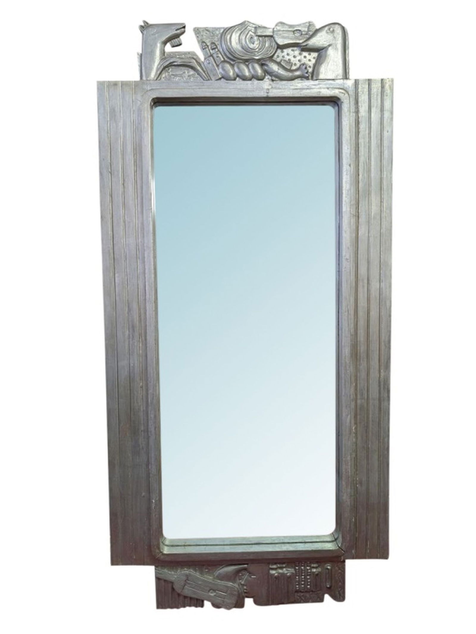 Vintage Italian Modern Silver Leaf Mirror, 60"H: Large mirror, Modern styling, Carved relief design at top, Silver leaf wood frame. Great condition, no chips or cracks, top carving a little loose. See all photos. Measures: 60.25H x 29.25W x 3D in.