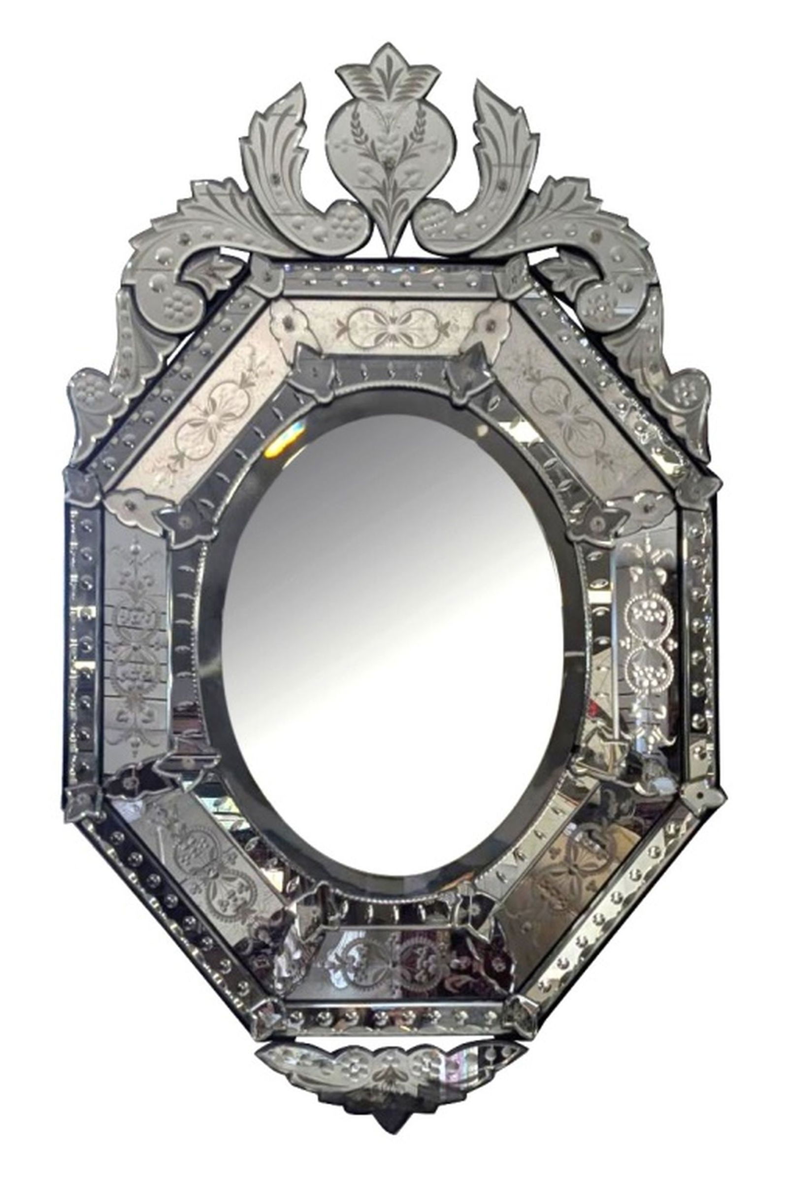 Fine Venetian Italian Wall Mirror, Etched 48"H: Stunning vintage mirror, a statement piece! Octagonal design , Ornamental mirrored pieces at top and bottom, Oval center, Etching all around. Great condition, no chips or cracks, bottom piece has a li