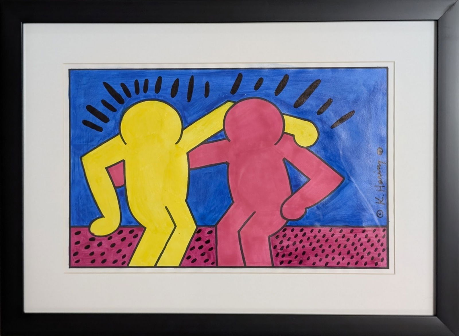 Original in the Manner of Keith Haring 10 x 16": Bright and fun original painting after Keith Haring. We base this attribution on the same medium, style, subject, complexity, and signature as used by Haring. Title: Pop Shop I. Medium: Mixed media on