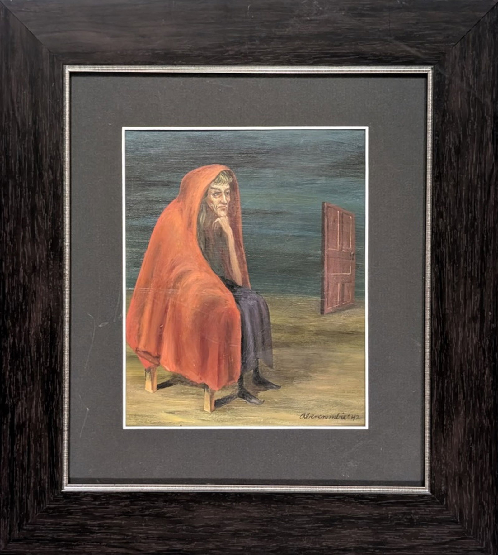 Original in Manner of Gertrude Abercrombie: Provoking original painting in the manner of Gertrude Abercrombie! We base this attribution on the same medium, style, complexity, and signature as used by Abercrombie. This is an original painting, n