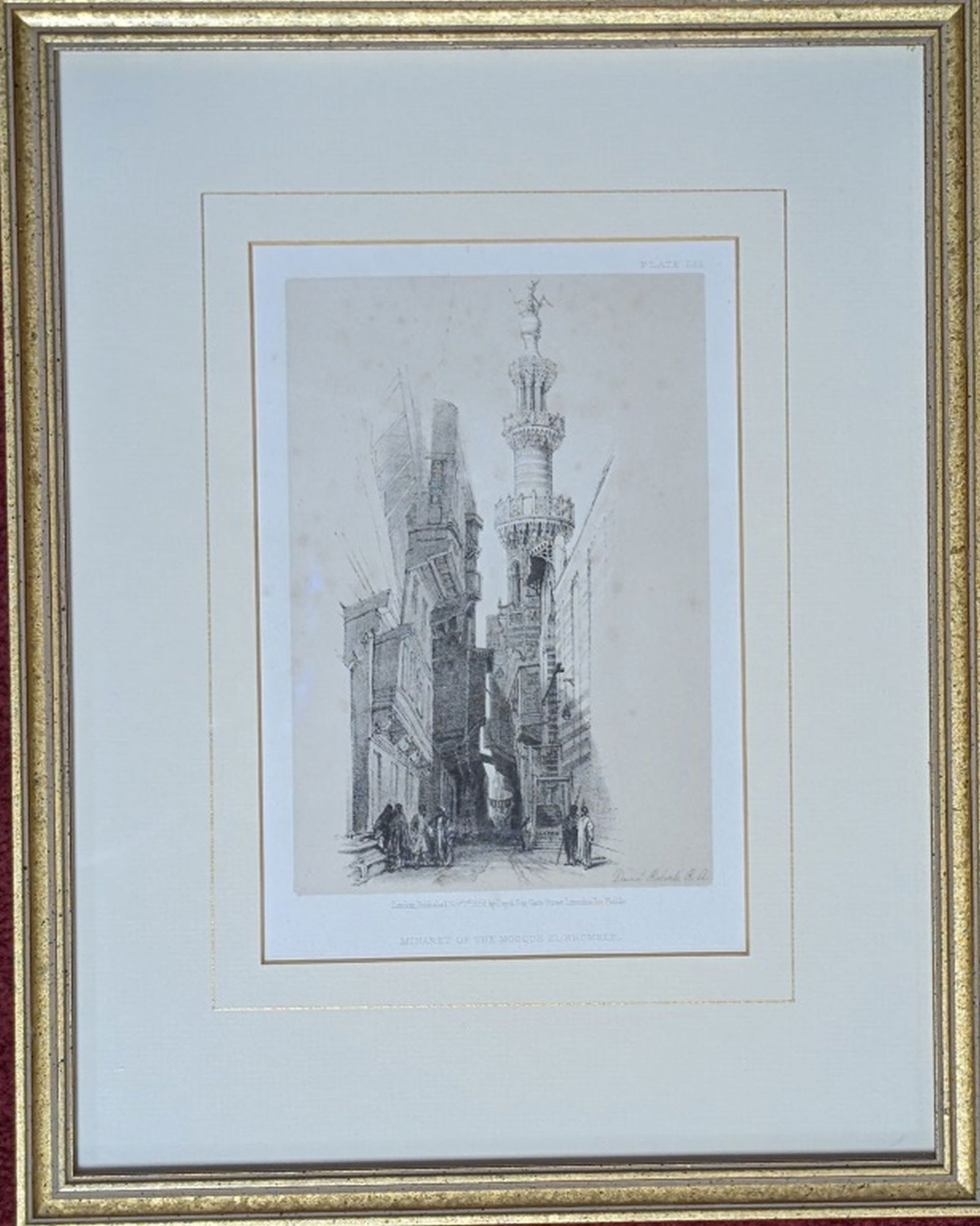 RARE David Roberts "Minaret of Mosque El-Khamree": RARE David Roberts lithograph on paper. Title: Minaret of the Mosque of El-Khamree. Art: 8 x 5.5 in. Frame: 14 x 11 in. Condition: Very good. Signature: Signed in the plate. This is a rare and appreci